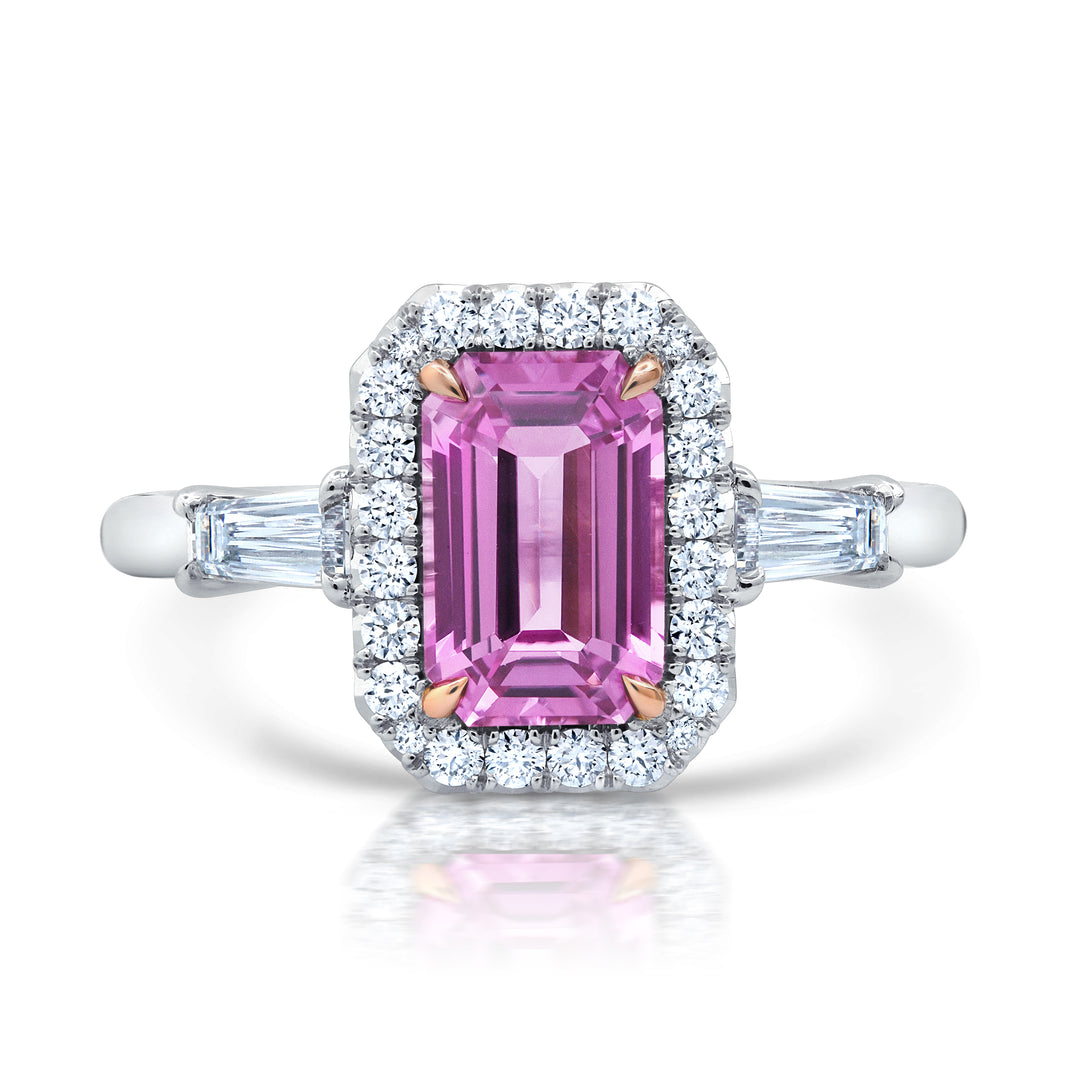 1.78ct Emerald Cut Pink Sapphire & Diamond Three Stone Ring