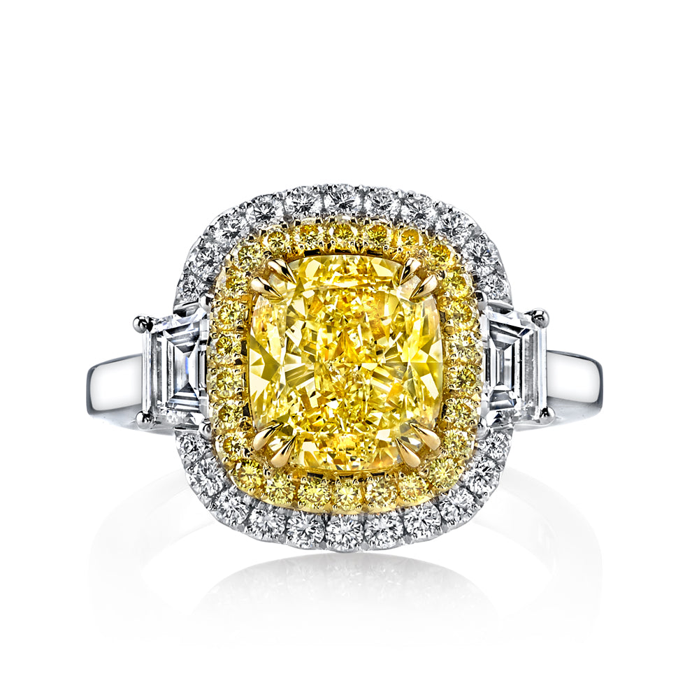 Cushion Natural Fancy Light Yellow Diamond Three Stone Ring