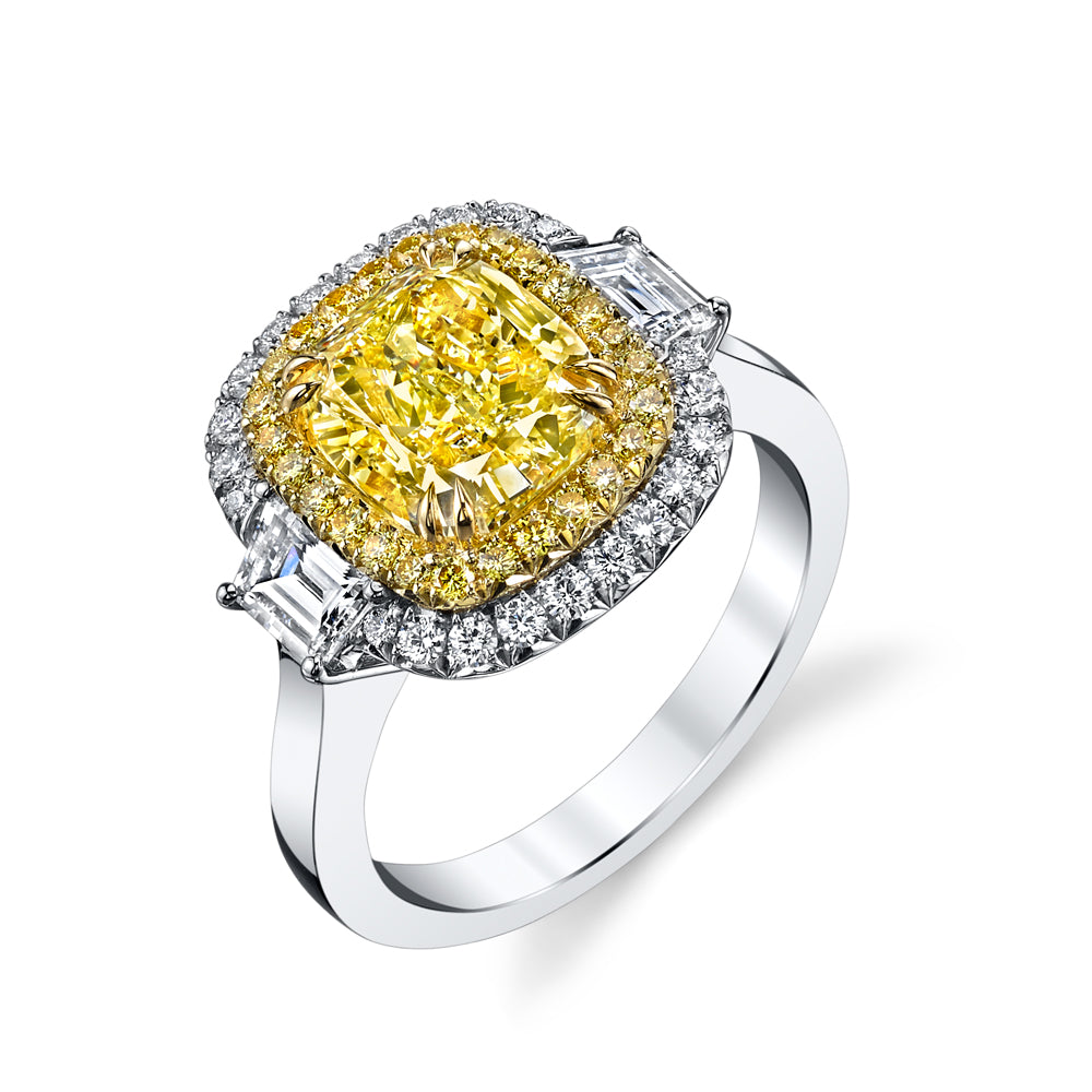 Cushion Natural Fancy Light Yellow Diamond Three Stone Ring