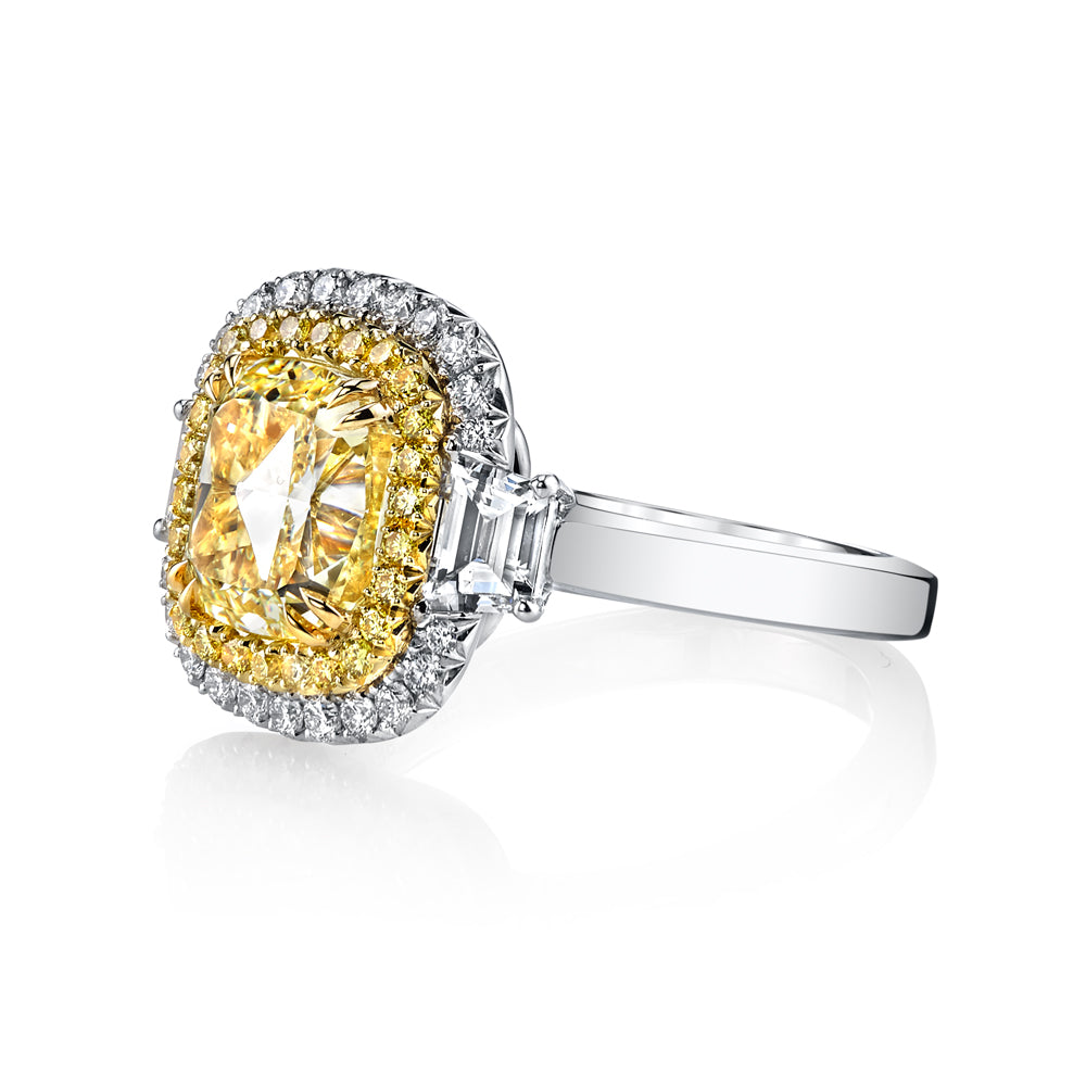 Cushion Natural Fancy Light Yellow Diamond Three Stone Ring