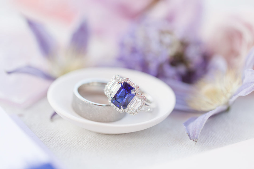 Emerald Cut Sapphire & Diamond Three Stone Ring