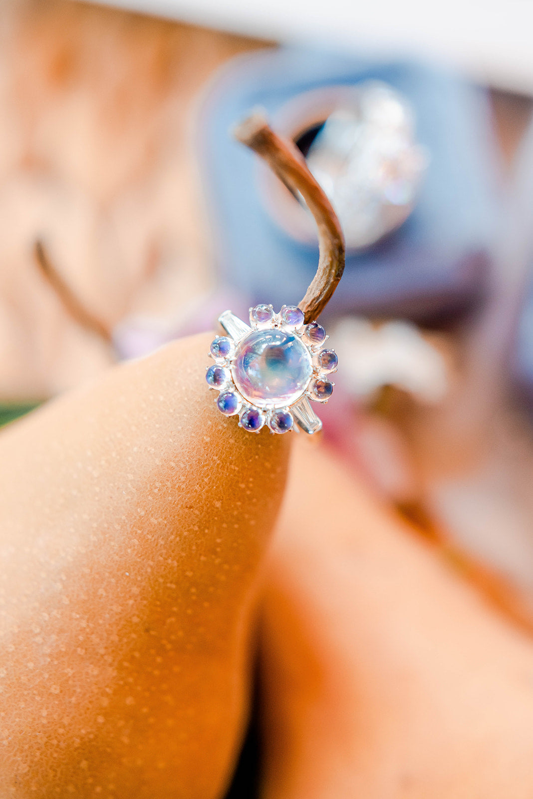 3.34ct Round Moonstone Cabochon & Diamond Three Stone Ring