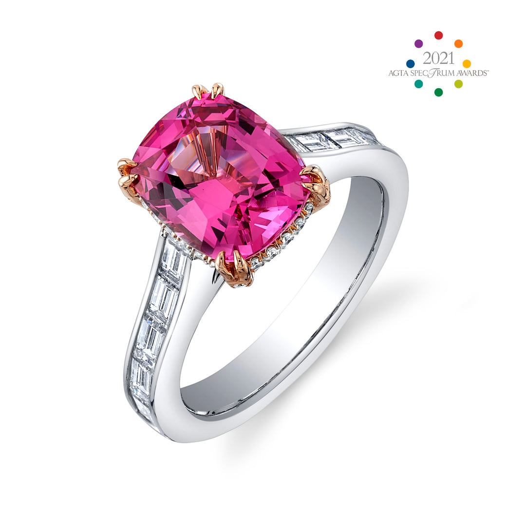 2021 AGTA Spectrum Award Winning 3.58ct Cushion Hot Pink Spinel & Diamond Ring