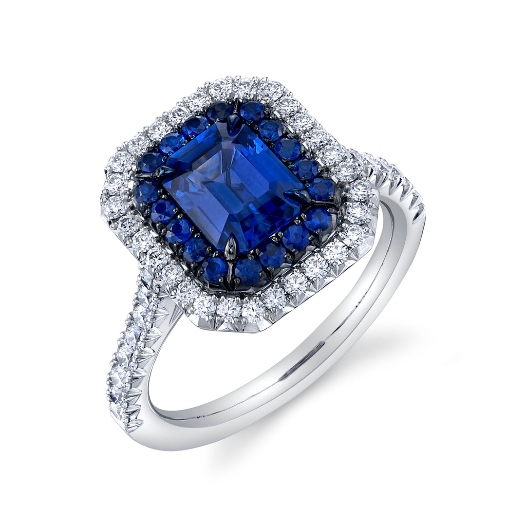 1.59ct Emerald Cut Sapphire & Diamond Double Halo Ring