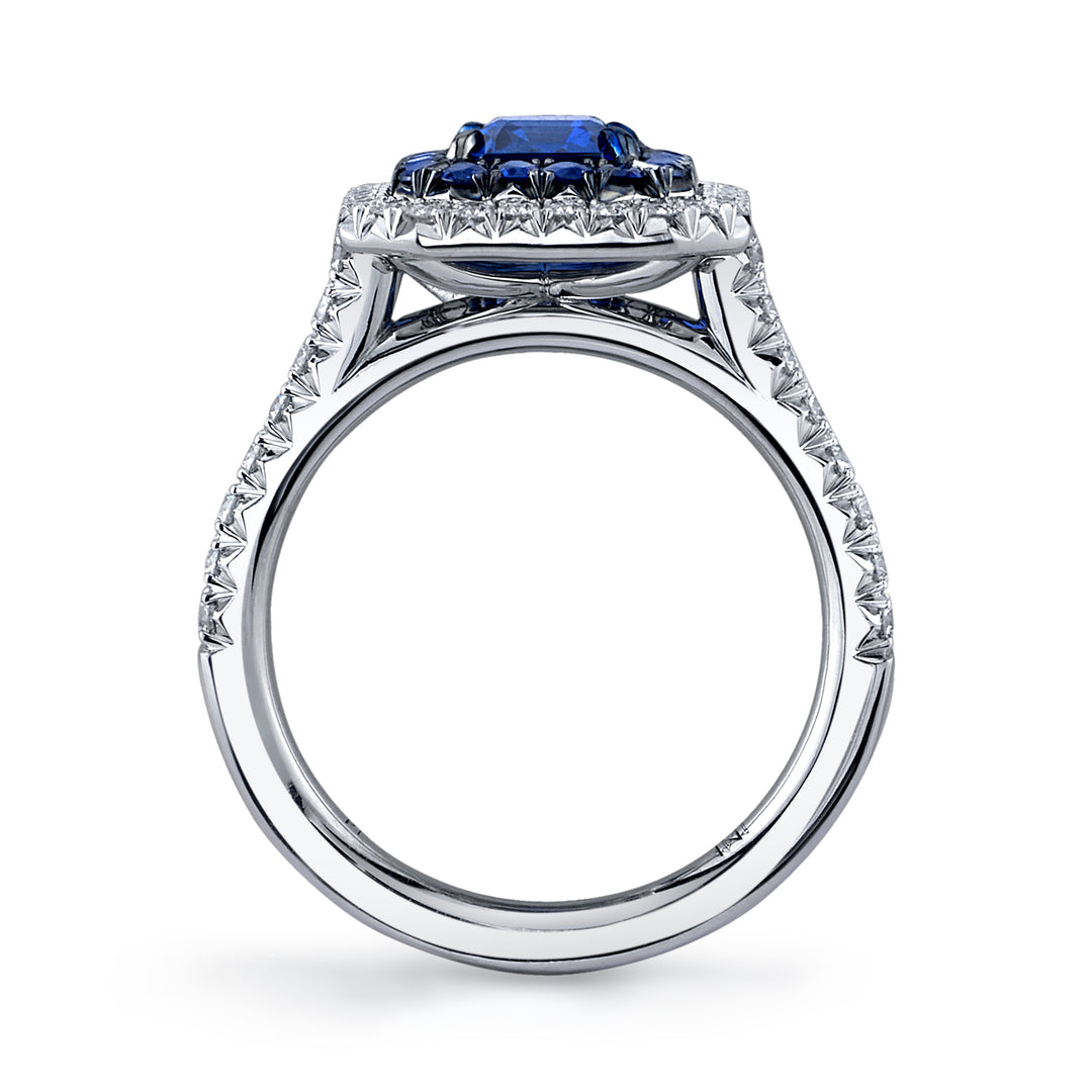 1.59ct Emerald Cut Sapphire & Diamond Double Halo Ring