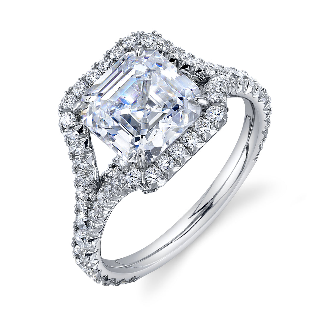 Asscher Cut Open Halo Split Shank Diamond Ring