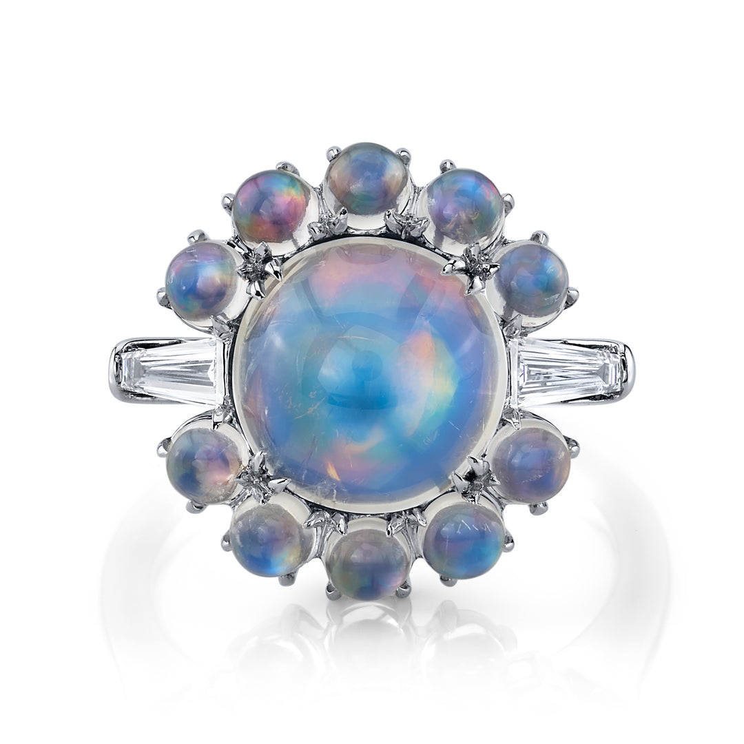 3.34ct Round Moonstone Cabochon & Diamond Three Stone Ring