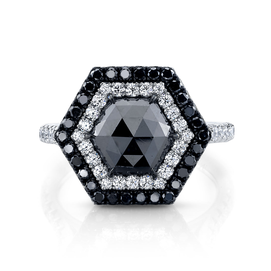 2.30ct Hexagon Rose Cut Black Diamond Halo Ring