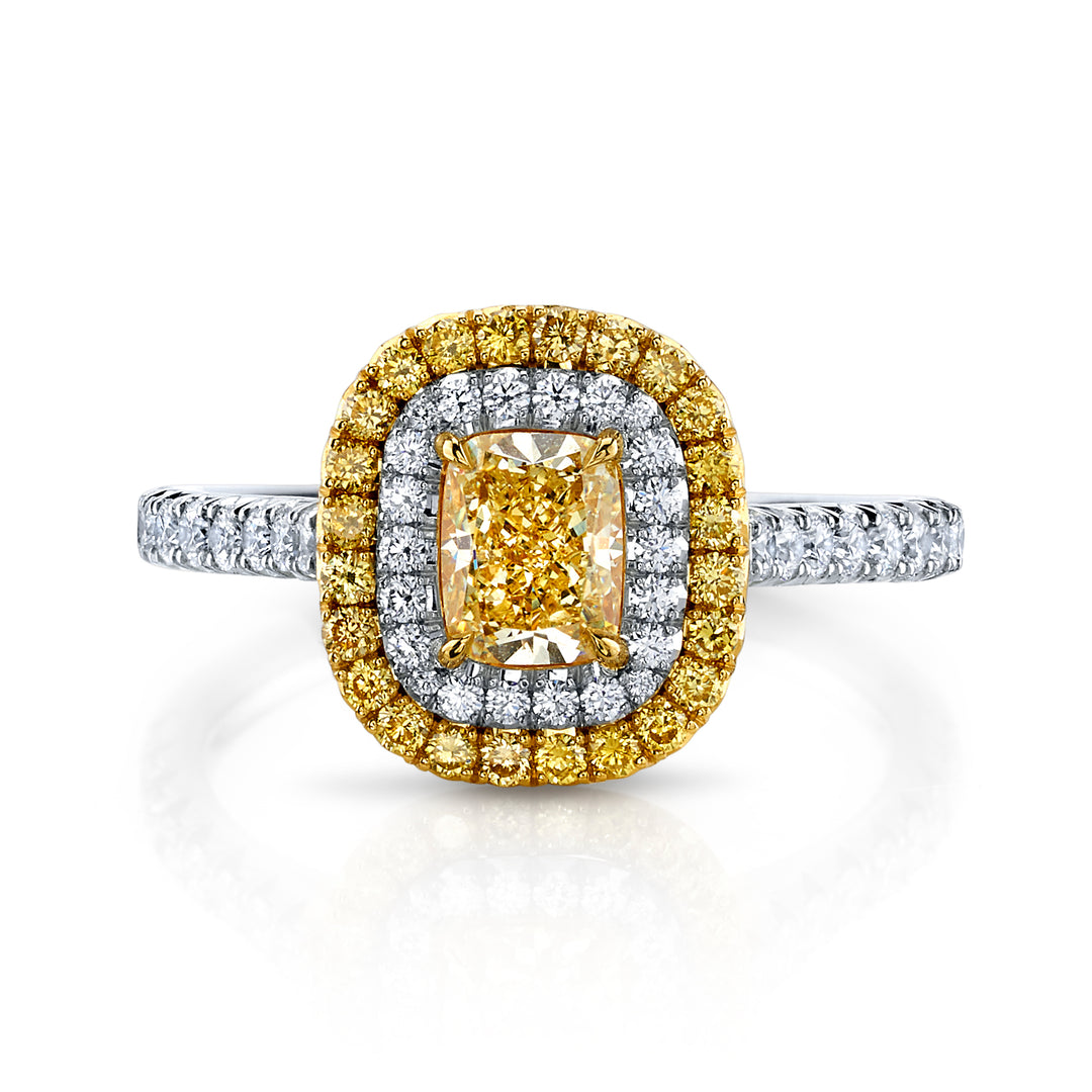 0.71ct Cushion Yellow Diamond Reverse Halo Ring