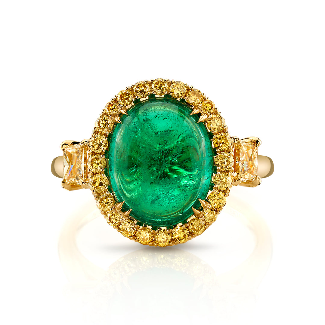 Oval Emerald Cabochon & Fancy Yellow Diamond Three Stone Ring