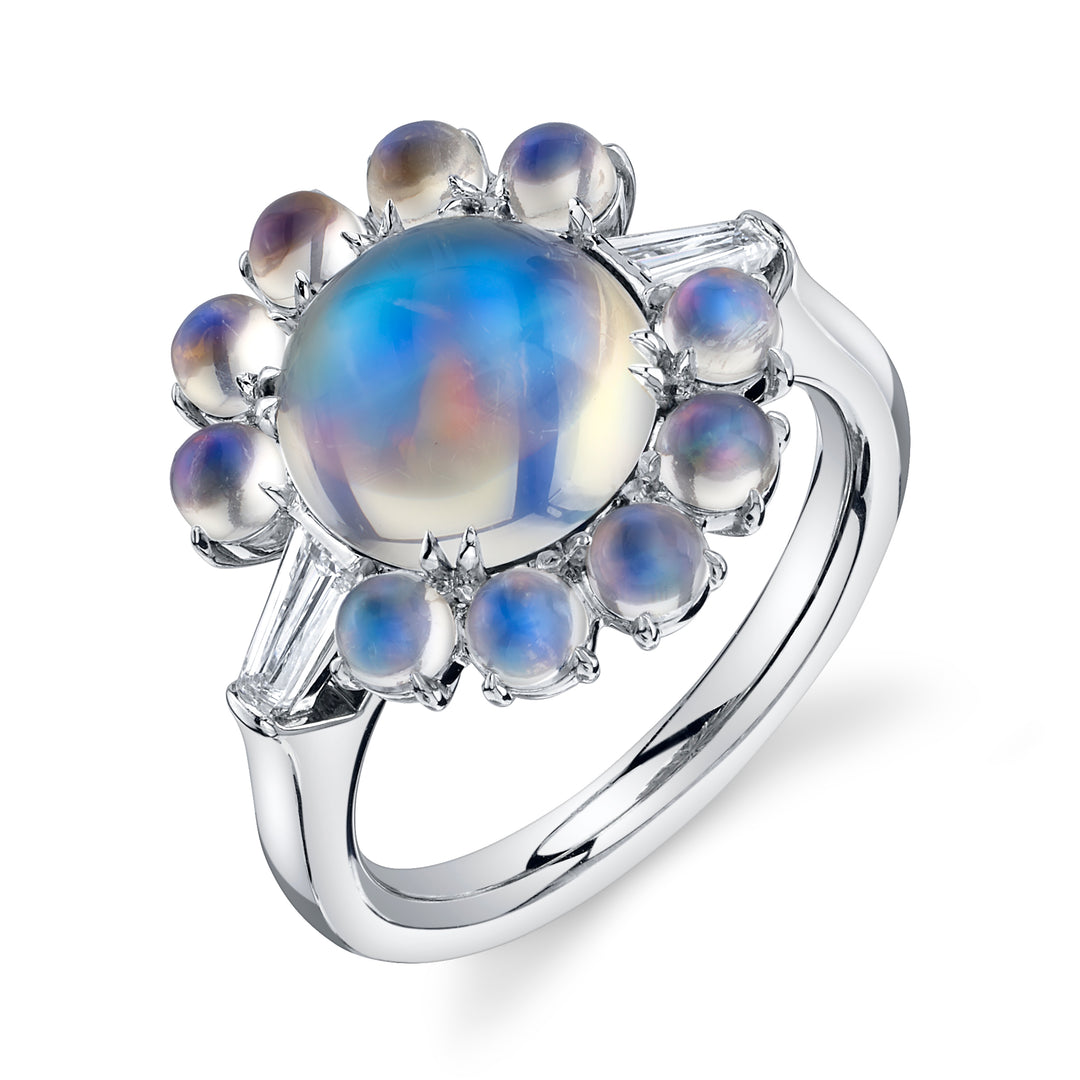 3.34ct Round Moonstone Cabochon & Diamond Three Stone Ring