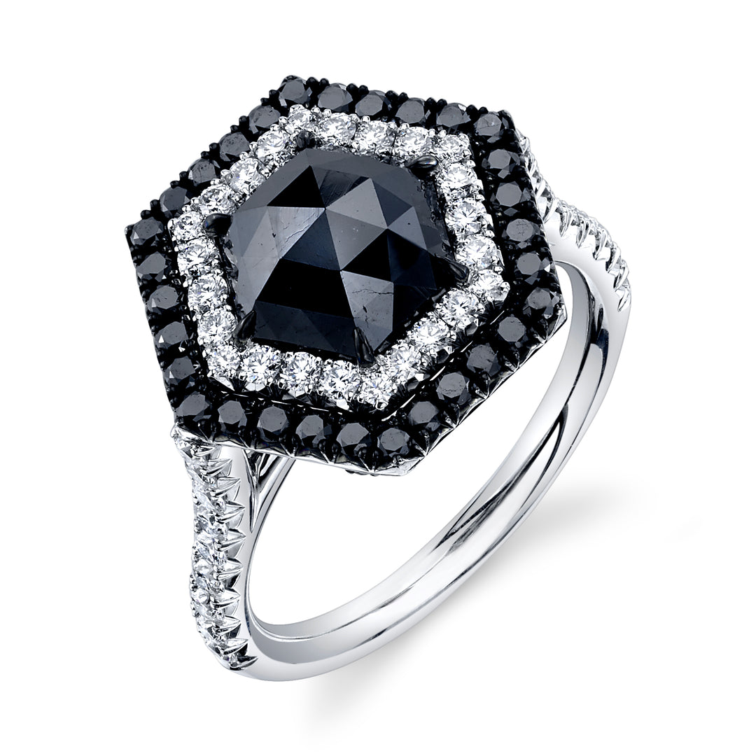 2.30ct Hexagon Rose Cut Black Diamond Halo Ring