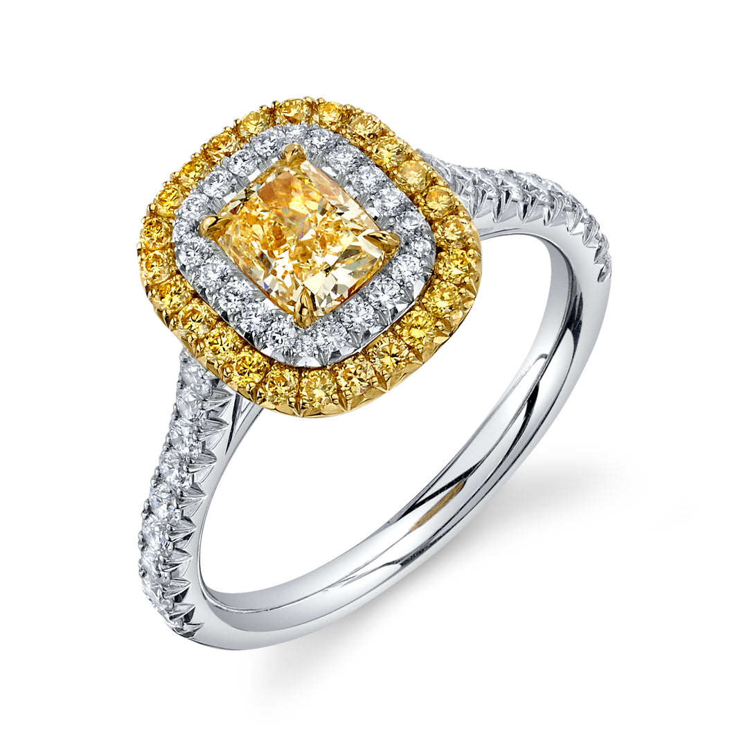 0.71ct Cushion Yellow Diamond Reverse Halo Ring