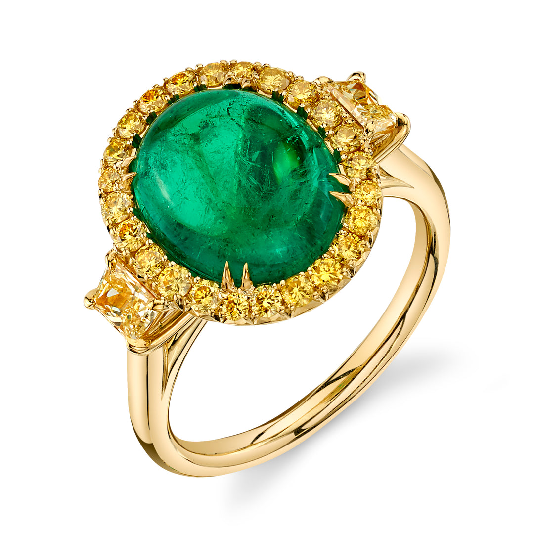 Oval Emerald Cabochon & Fancy Yellow Diamond Three Stone Ring