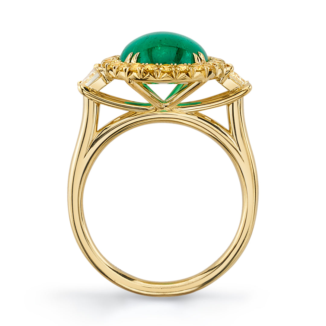 Oval Emerald Cabochon & Fancy Yellow Diamond Three Stone Ring