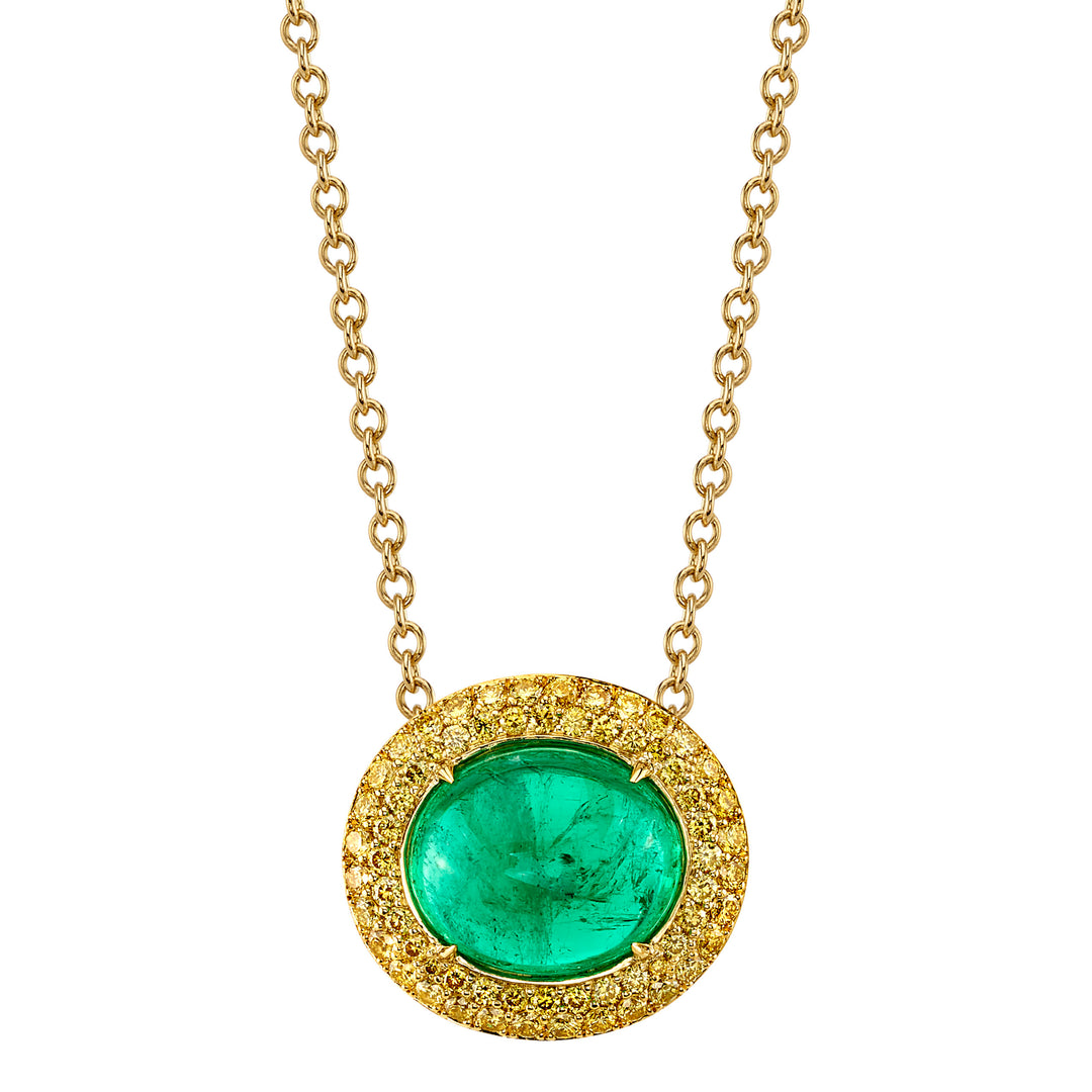 3.84ct Oval Emerald Cabochon & Fancy Yellow Diamond Pendant