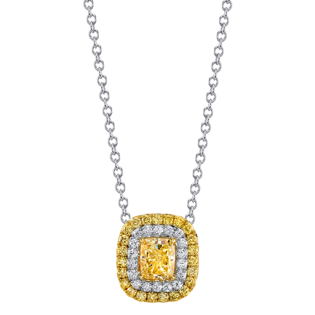 0.70ct Cushion Yellow Diamond Reverse Halo Pendant