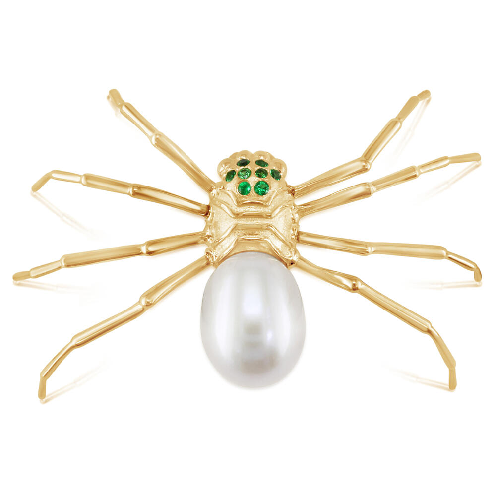 14K Yellow Gold Grey Pearl & Tsavorite Garnet Spider Brooch/Lapel Pin