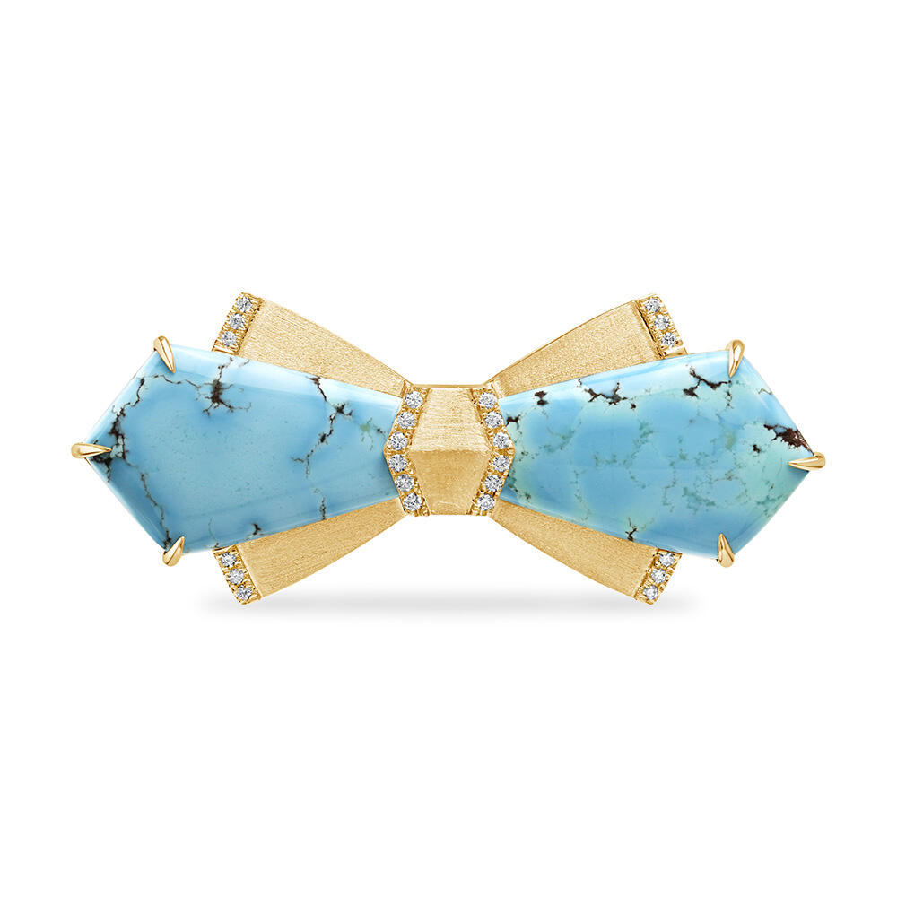 12.11ctw Kazakhstan Turquoise & Diamond Pin / Brooch in 14K Yellow Gold