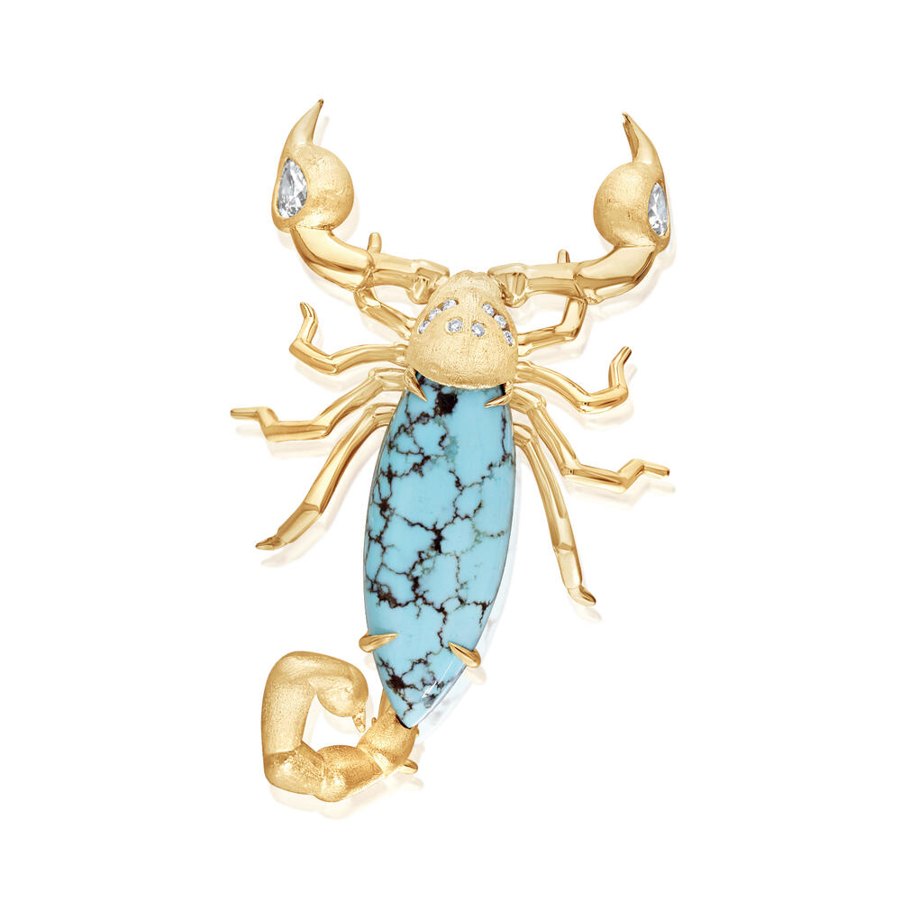 14K Yellow Gold Golden Hills Turquoise & Diamond Articulated Scorpion Brooch