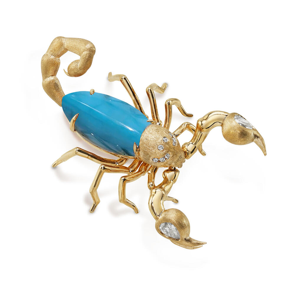14K Yellow Gold Turquoise & Diamond Articulated Scorpion Brooch