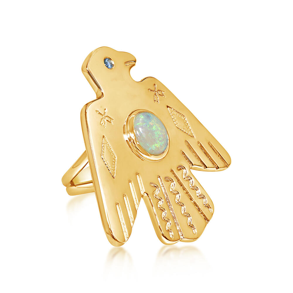14K Yellow Gold Australian Opal & Montana Sapphire Thunderbird Bolo Ring