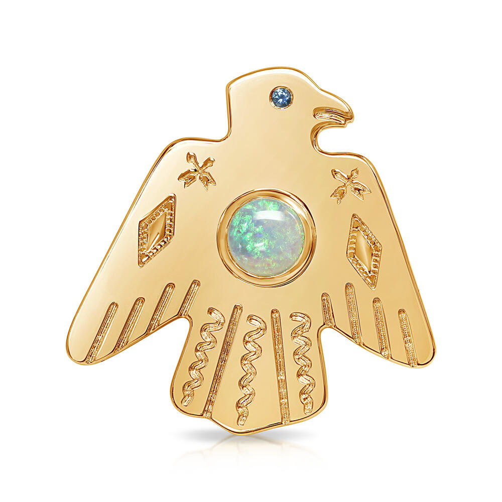 14K Yellow Gold Australian Opal & Montana Sapphire Thunderbird Bolo Ring