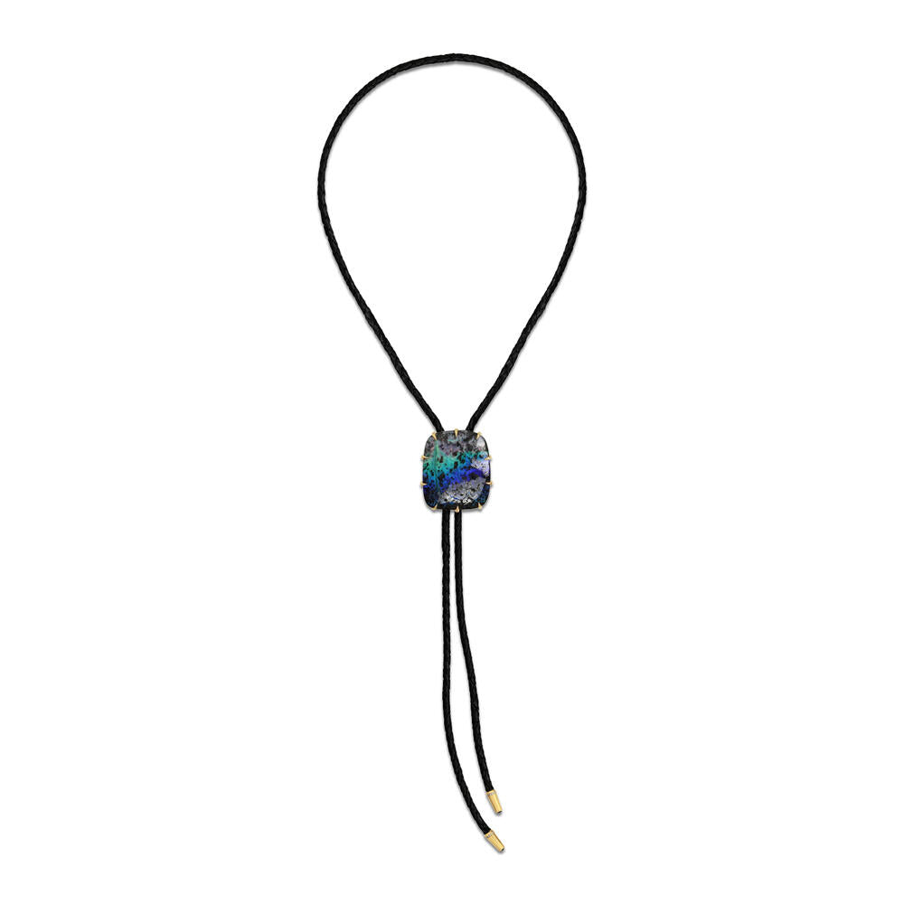 14K Yellow Gold Australian Boulder Opal, Montana Sapphire, & Diamond Bolo Tie