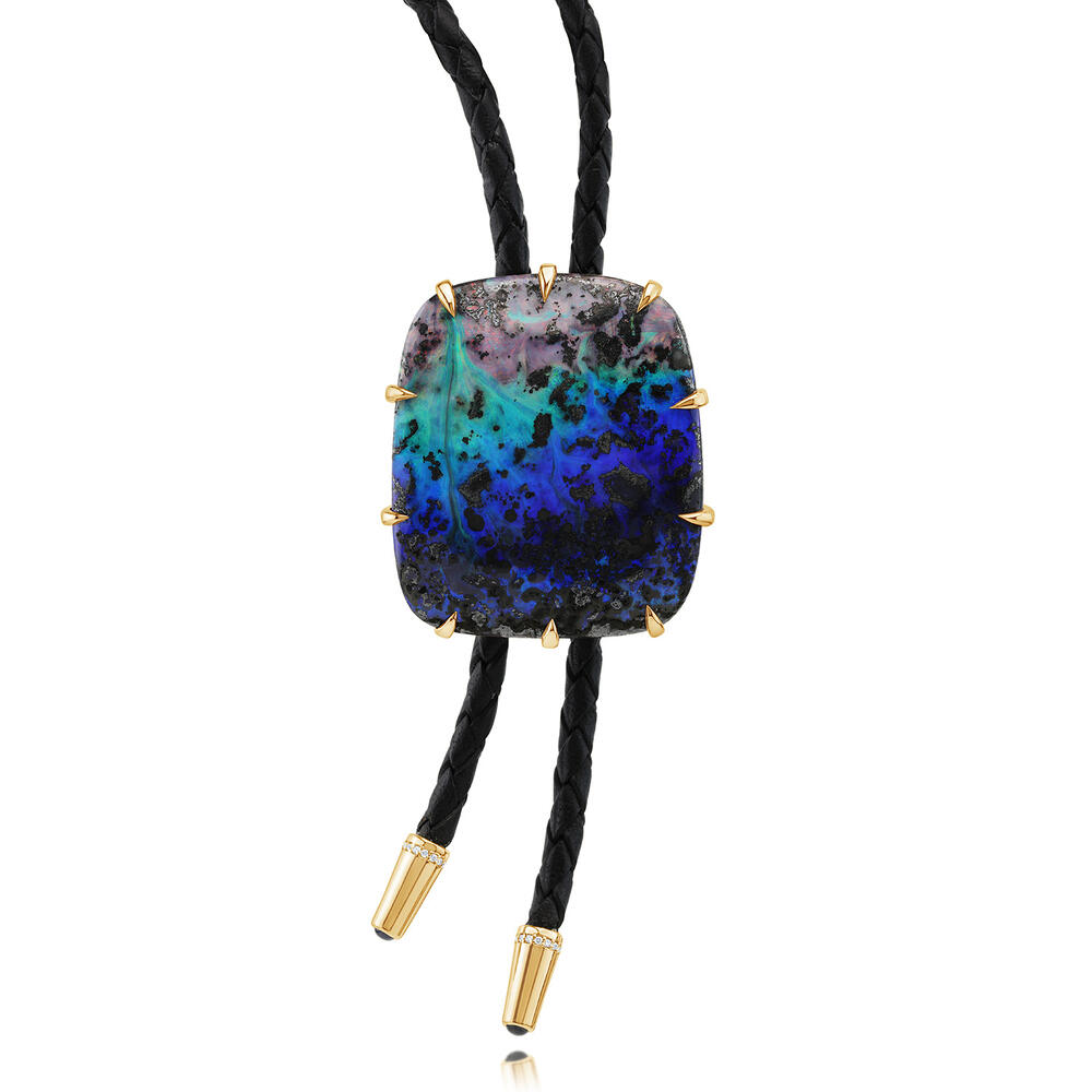 14K Yellow Gold Australian Boulder Opal, Montana Sapphire, & Diamond Bolo Tie