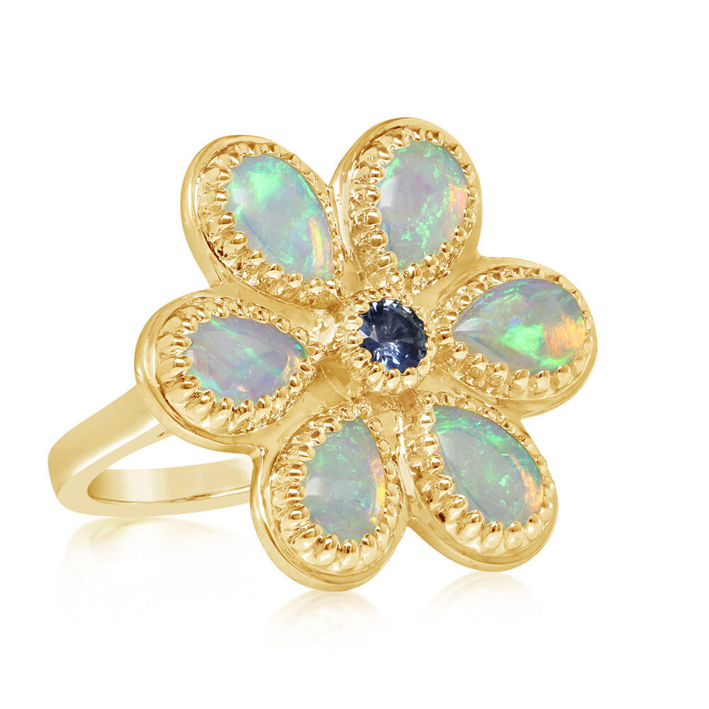 14K Yellow Gold Australian Opal & Montana Sapphire Flower Bolo Ring