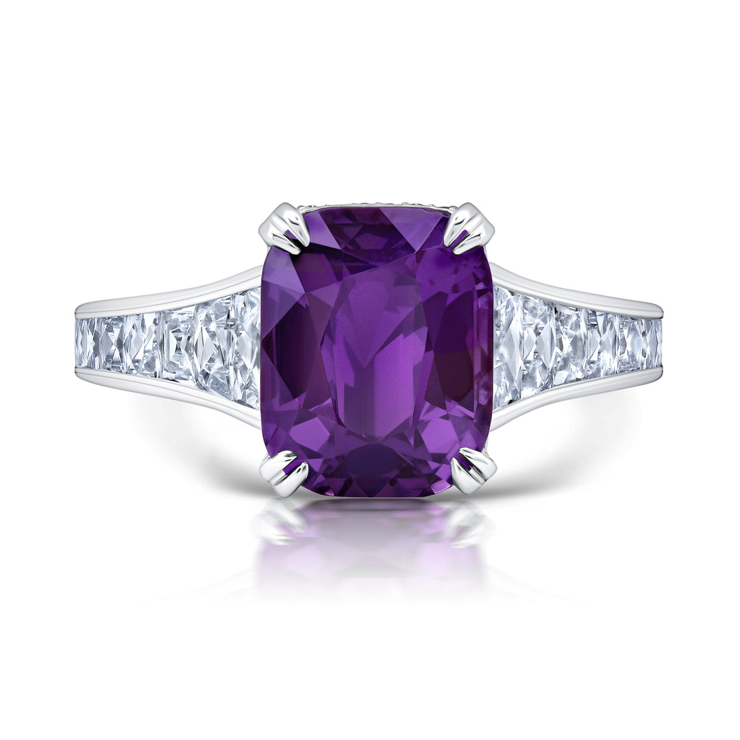 3.14ct Cushion Purple Spinel & French Cut Baguette Diamond Ring