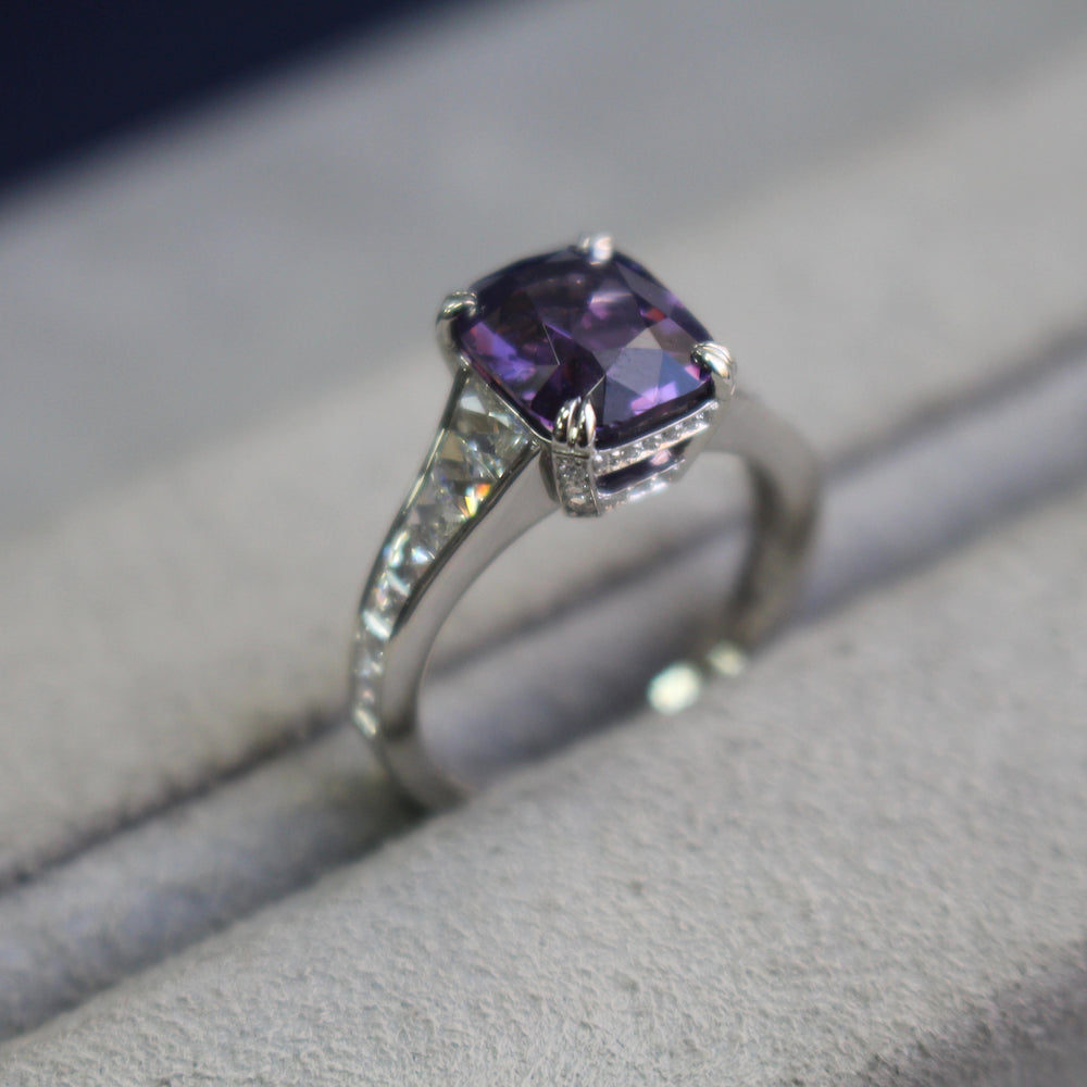 3.14ct Cushion Purple Spinel & French Cut Baguette Diamond Ring