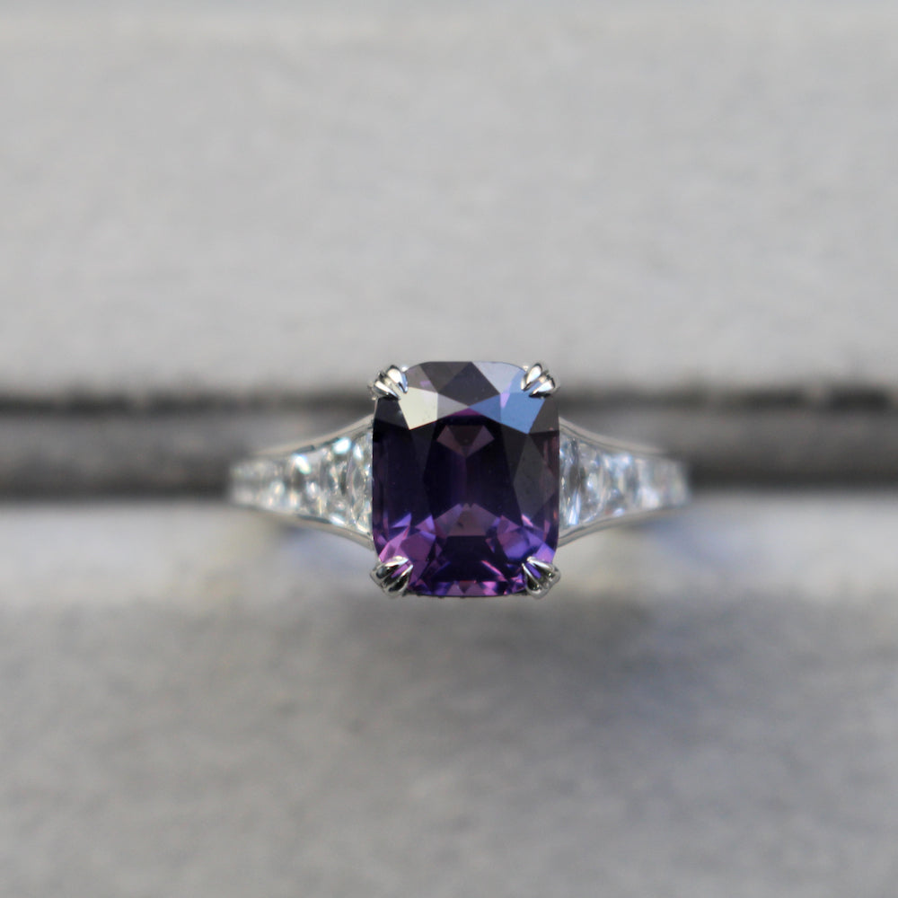 3.14ct Cushion Purple Spinel & French Cut Baguette Diamond Ring