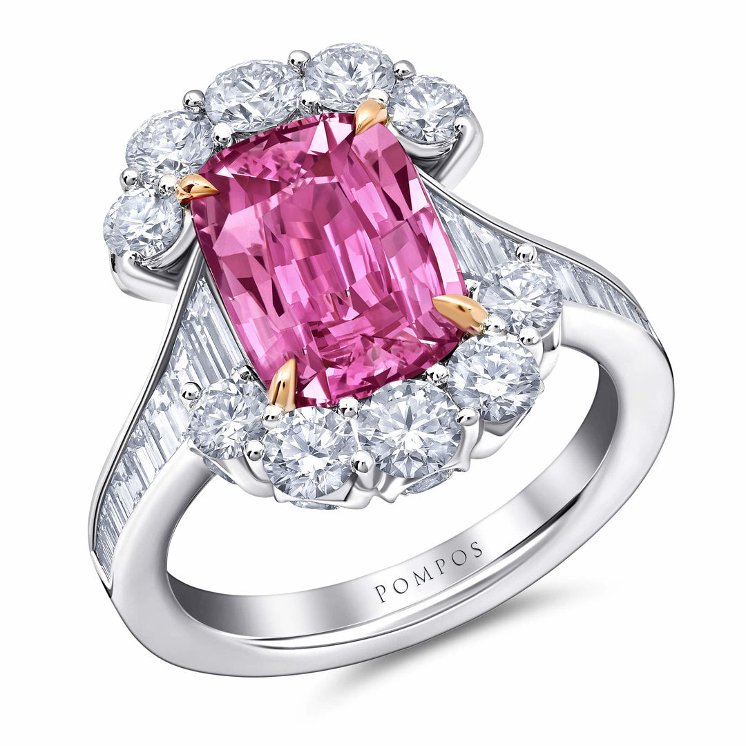 4.09ct Purplish-Pink Cushion Sapphire & Diamond Ring in Platinum