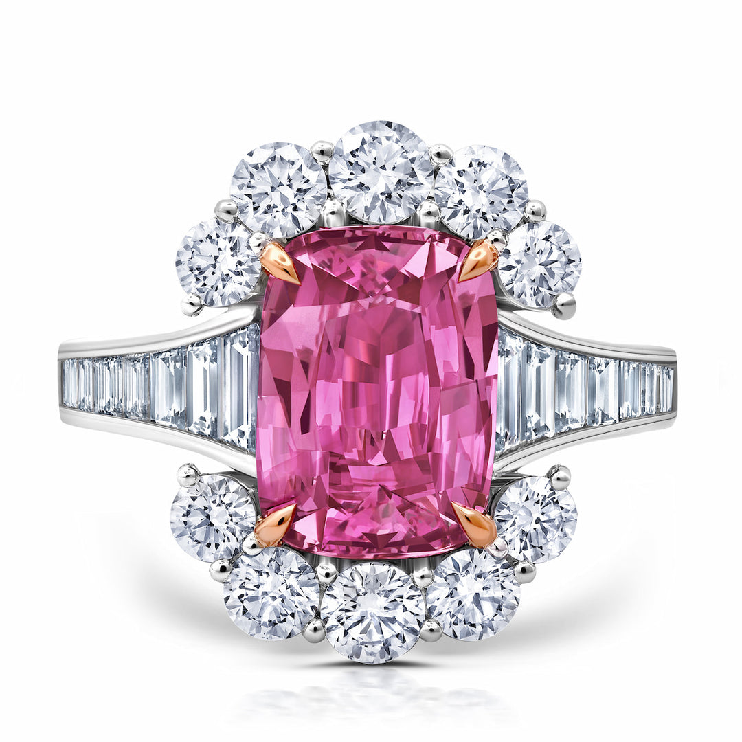 4.09ct Purplish-Pink Cushion Sapphire & Diamond Ring in Platinum