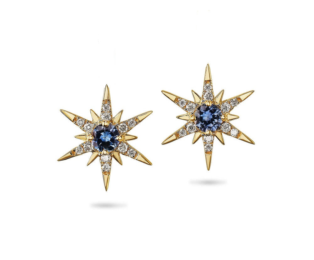 Montana Sapphire Starburst Studs Earrings in 14k Yellow Gold