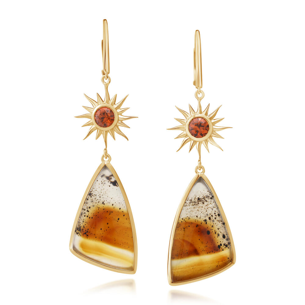14K Yellow Gold Montana Agate & Orange Sapphire Sun Dangle Earrings