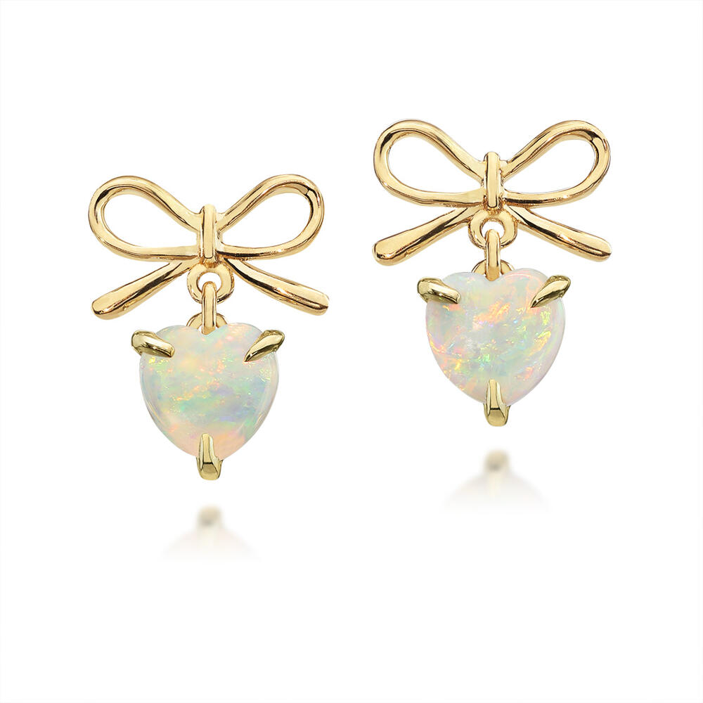 Heart Shape Australian Opal & Diamond Mini Heart Bow Earrings 14K Yellow Gold