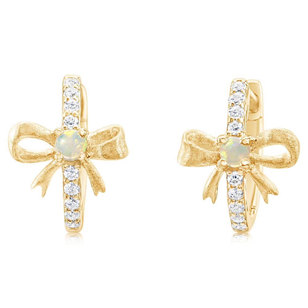 Australian Opal & Diamond Mini Bow Huggies 14K Yellow Gold