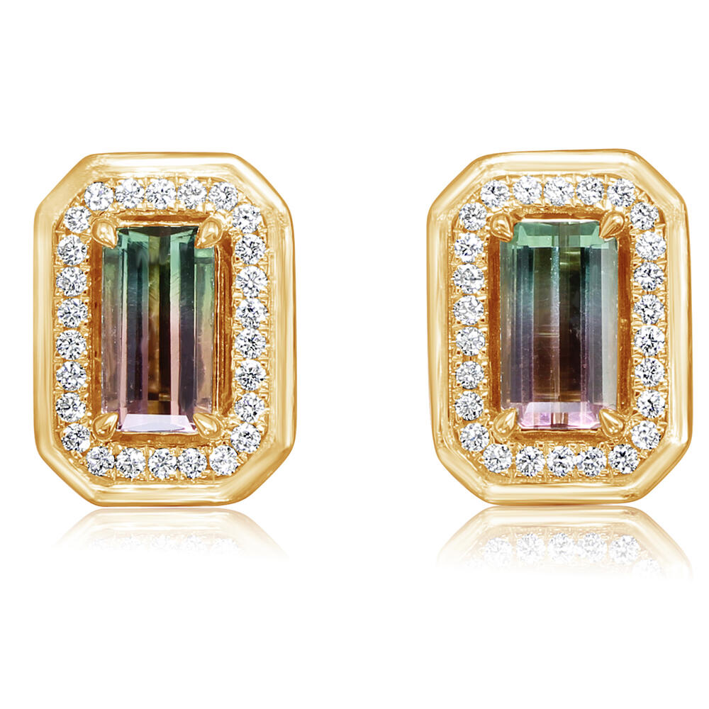 1.42ctw Emerald Cut Bi-Color Tourmaline & Diamond Stud Earrings