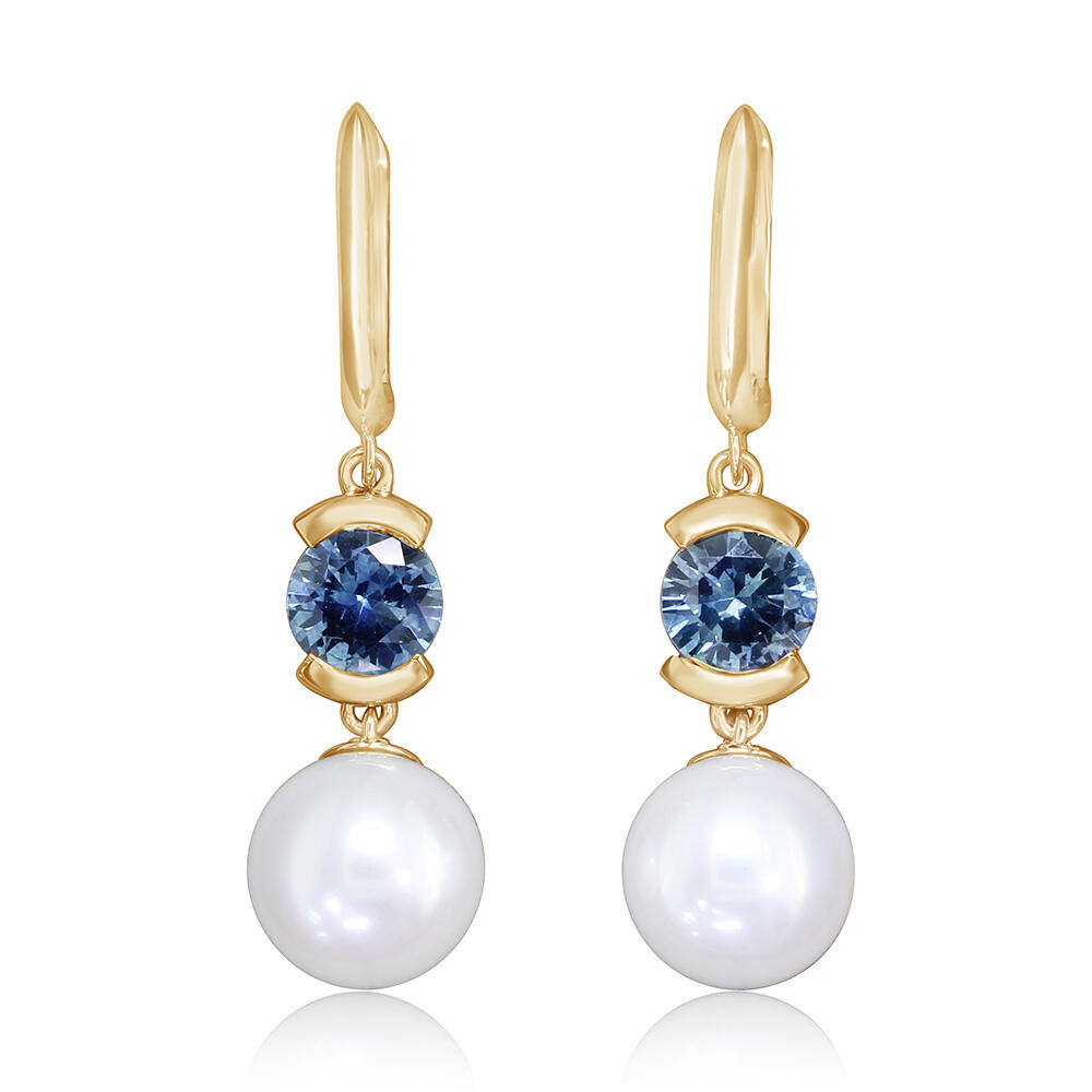 1.60ctw Montana Sapphire & Pearl Dangle Earrings in 14K Yellow Gold