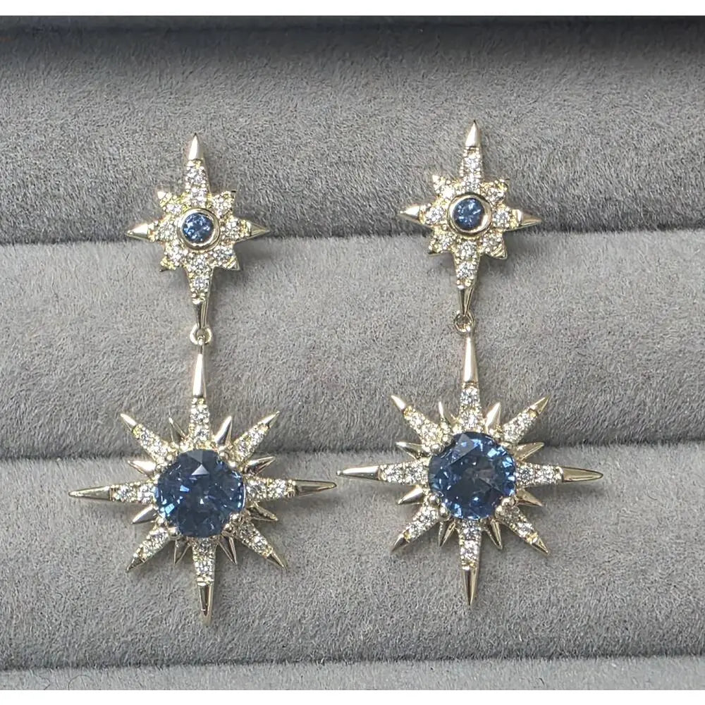 Montana Sapphire Double Starburst Studs Dangle Earrings in 14k Yellow Gold