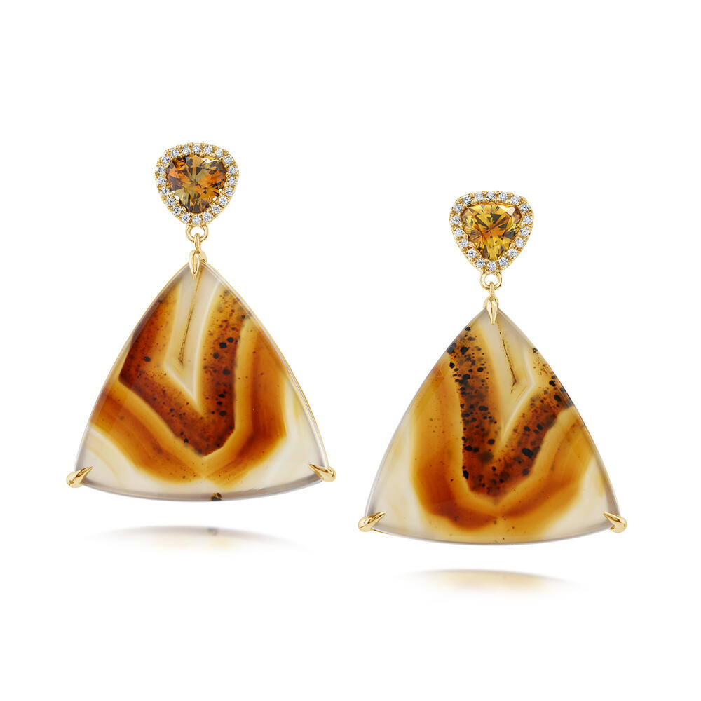 14K Yellow Gold Montana Agate & Montana Sapphire Dangle Earrings