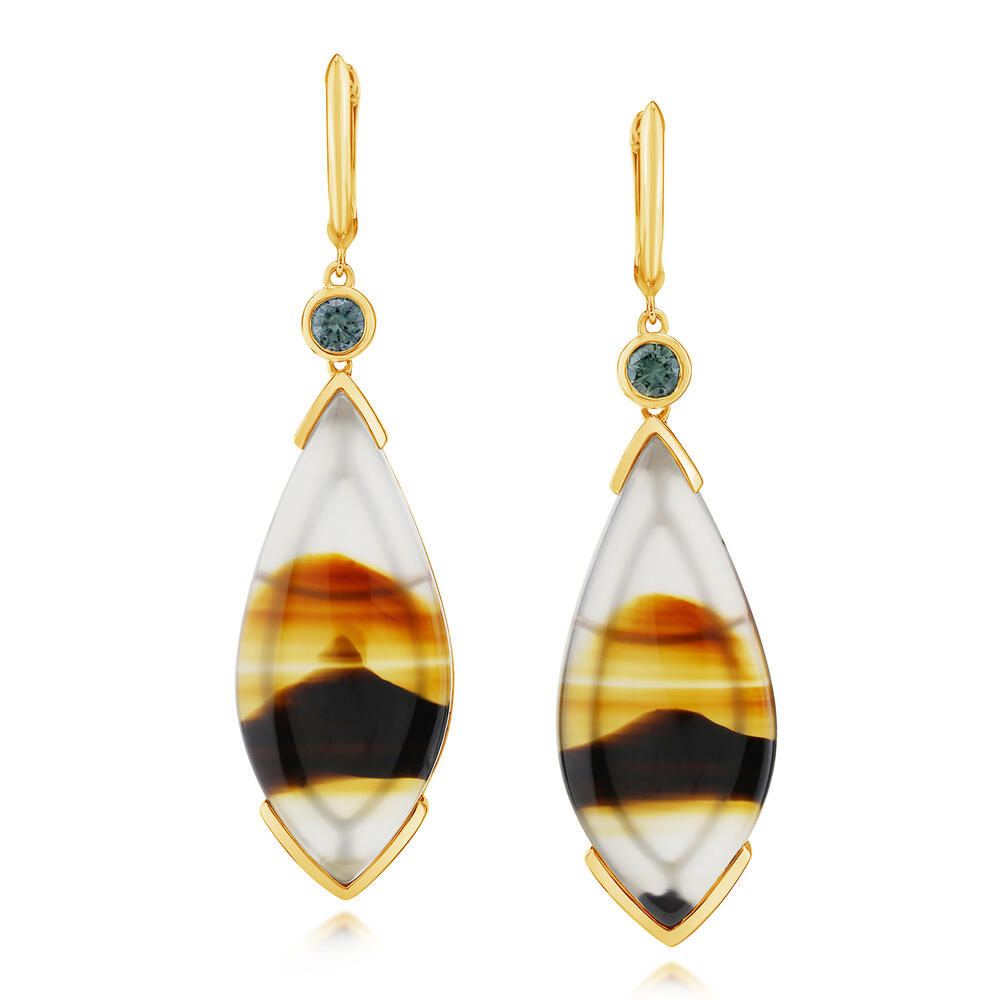 14K Yellow Gold Montana Agate & Montana Sapphire Dangle Earrings