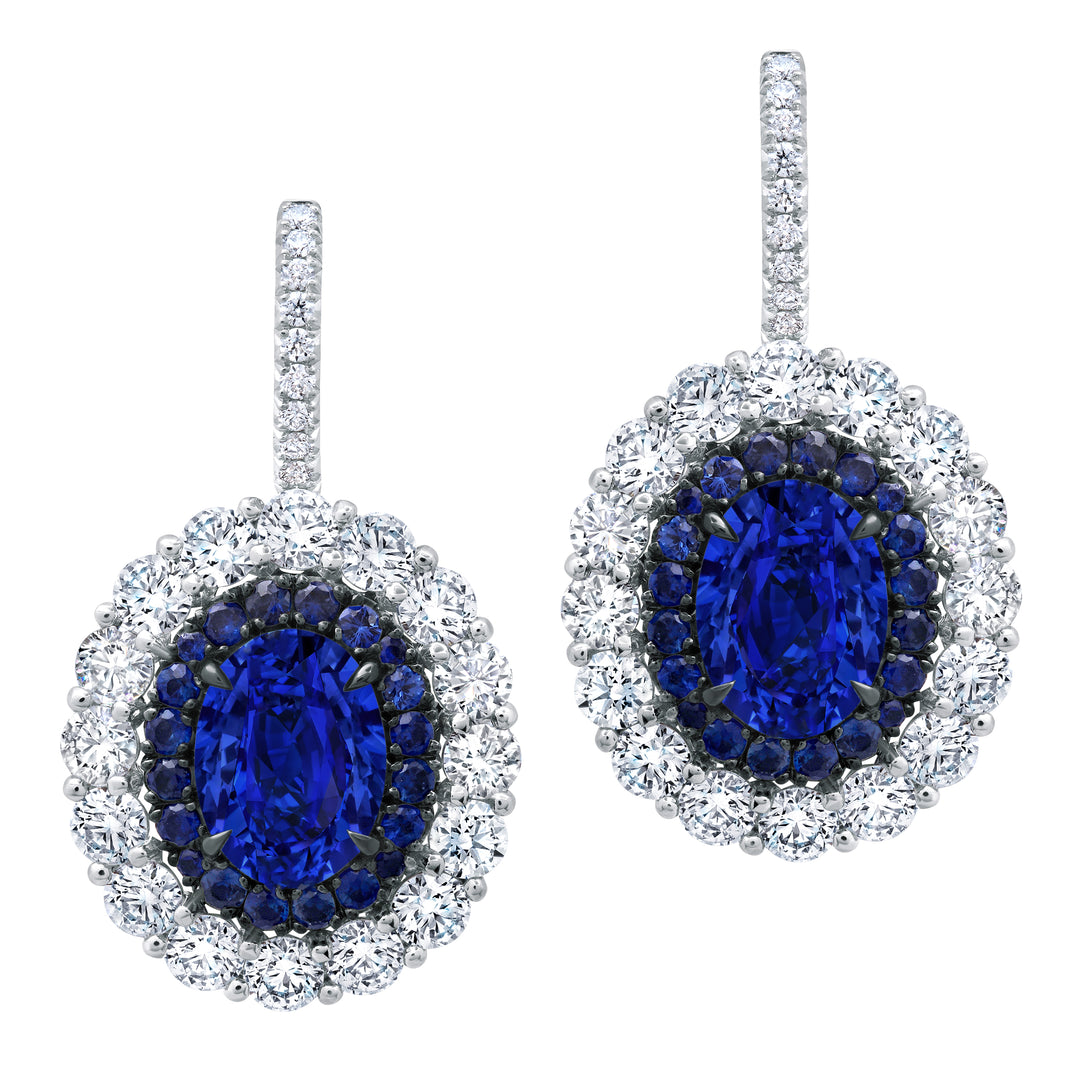 2.31ctw Oval Blue Sapphire & Cluster Diamond Halo Drop Earrings