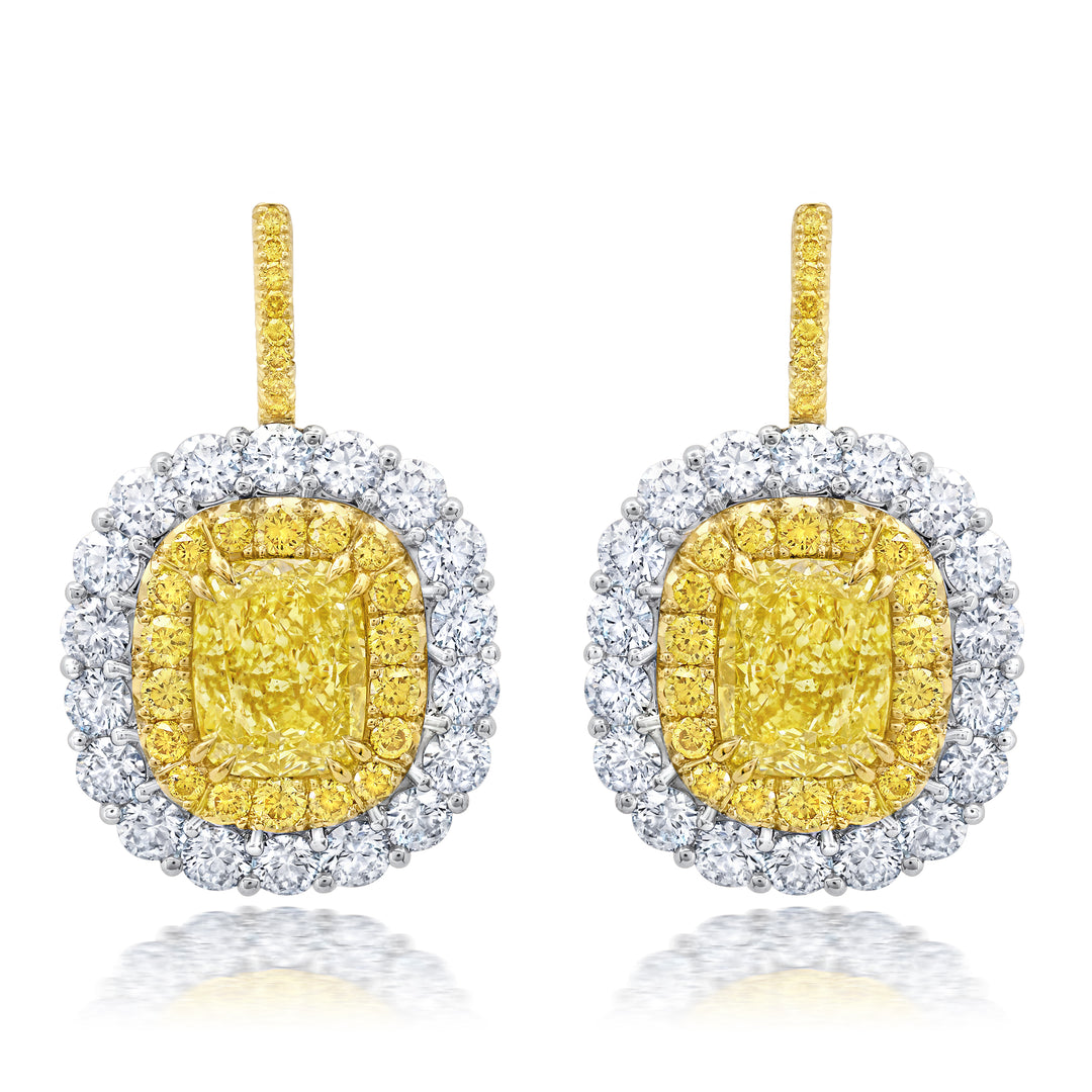 3.06ctw Cushion Fancy Yellow Diamond Cluster Earrings