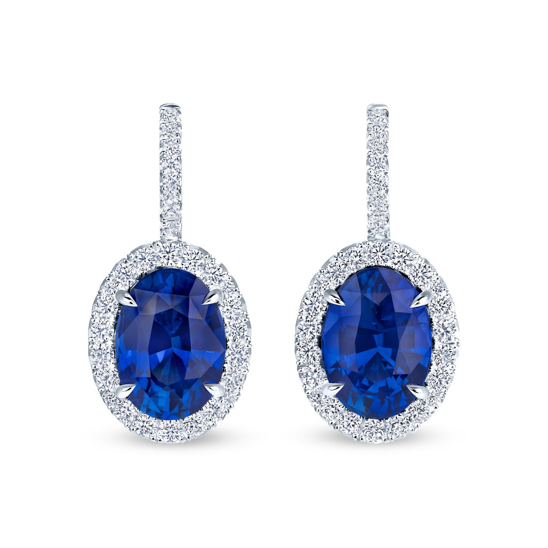 6.25ctw Oval Blue Sapphire Diamond Halo Drop Earrings in Platinum