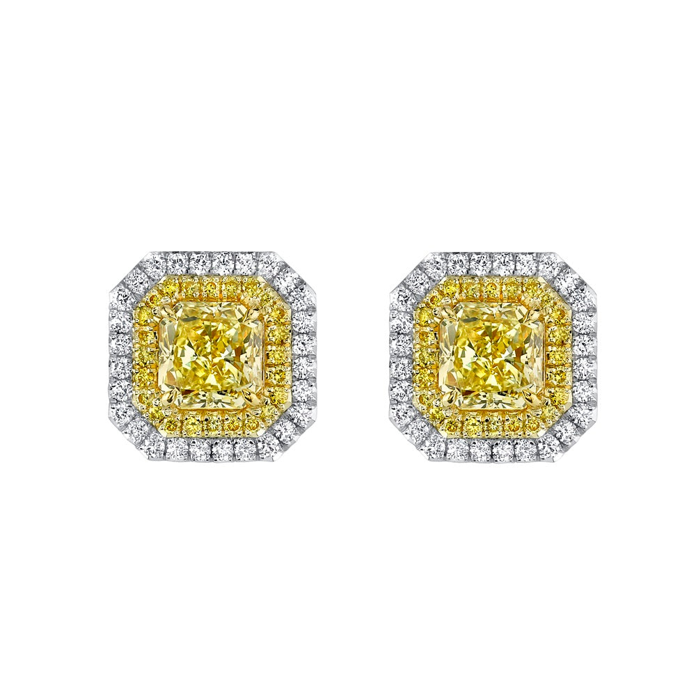 Radiant Fancy Yellow Diamond Double Halo Stud Earrings