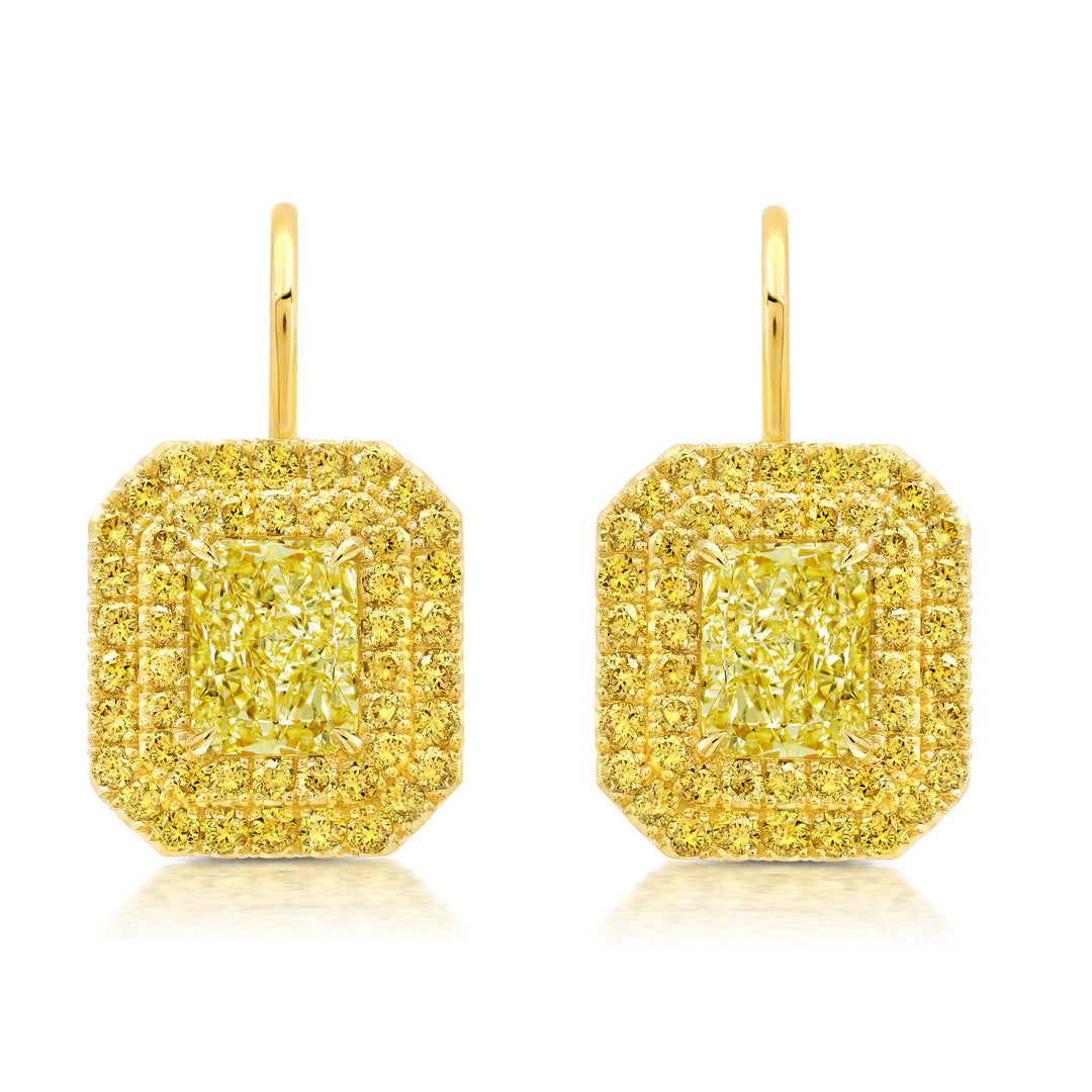 Yellow Diamond Double Halo Drop Earrings