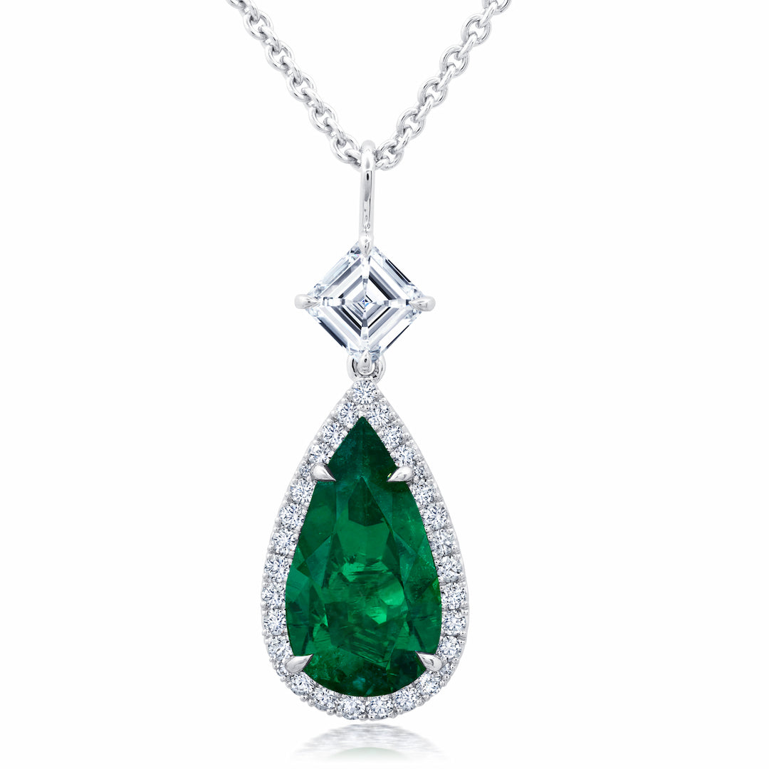1.96ct Pear Shape Colombian Emerald & Diamond Platinum Pendant